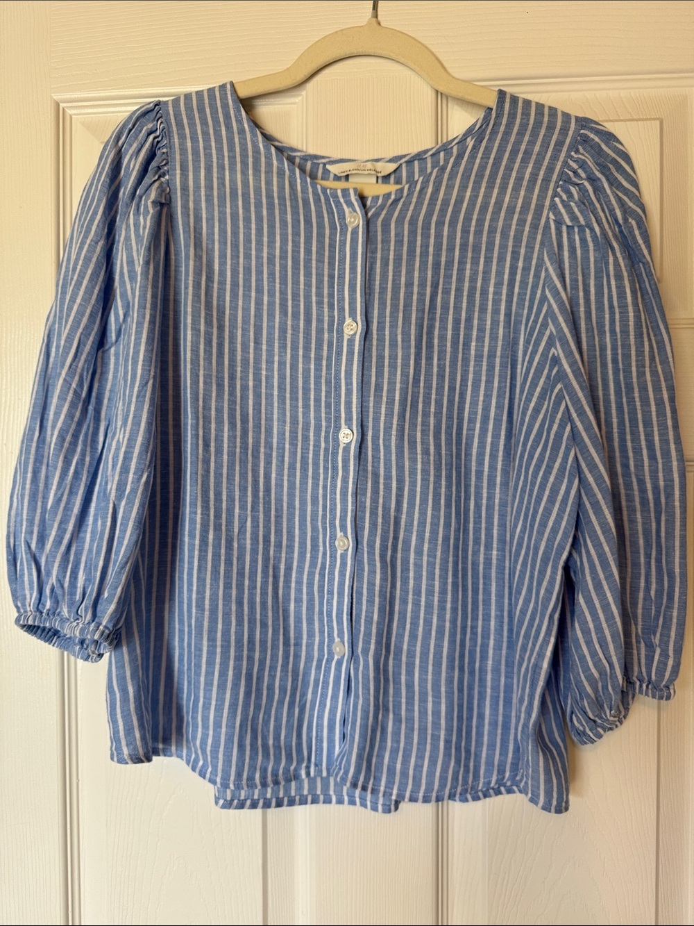 H&M Blue and White Striped Linen-Blend Blouse